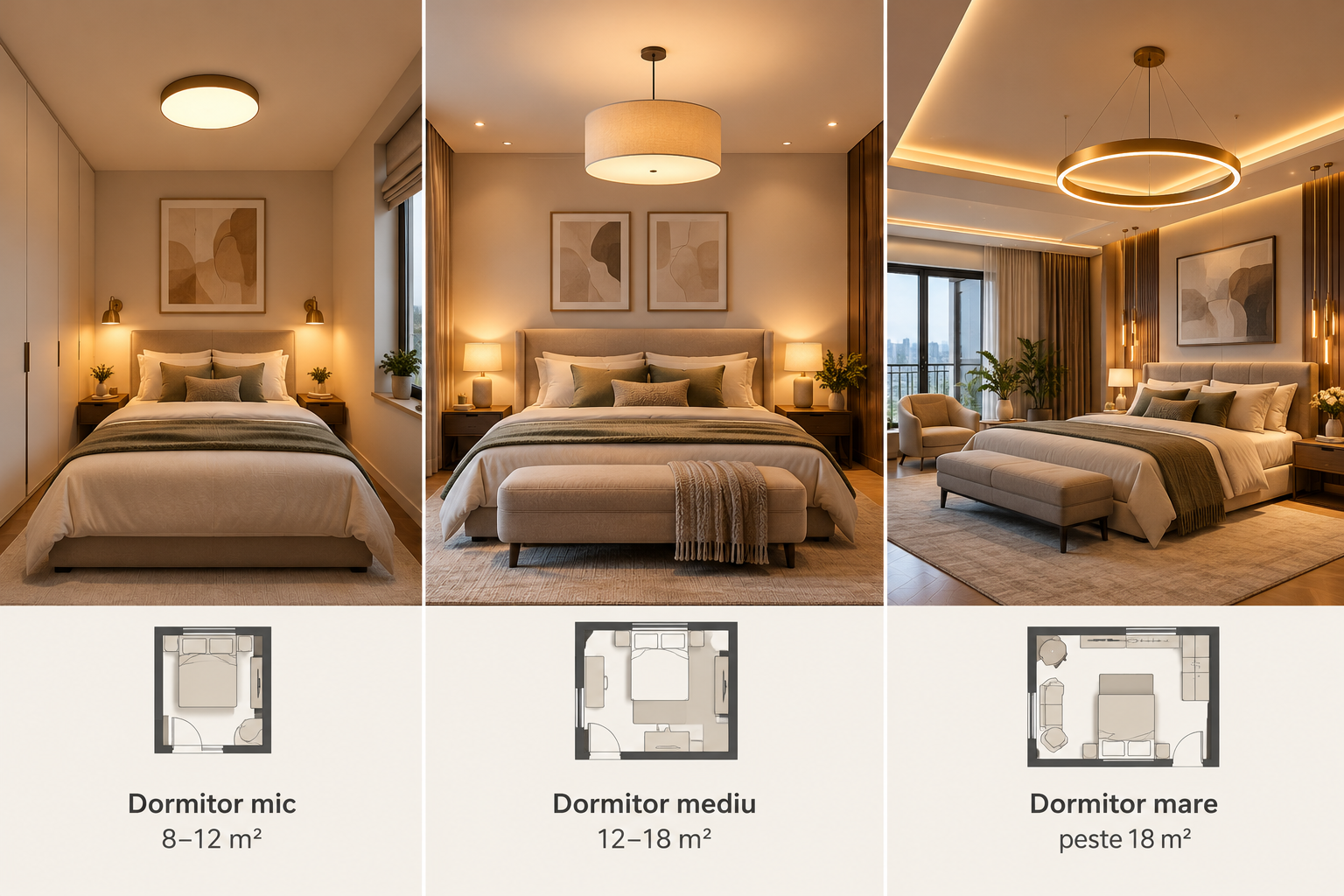Comparație între soluțiile de iluminat pentru dormitor mic, mediu și mare, cu exemple de corpuri de iluminat ambientale, suspendate și decorative.