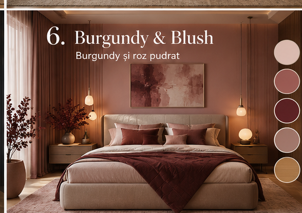 Dormitor elegant cu accente burgundy și roz pudrat