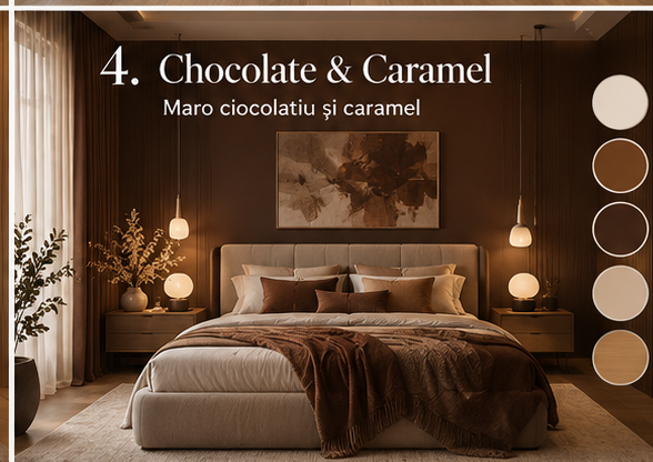 Dormitor cu accente maro ciocolatiu și caramel