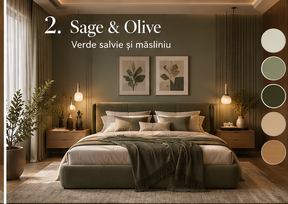 Dormitor cu pereți și textile în verde salvie și măsliniu