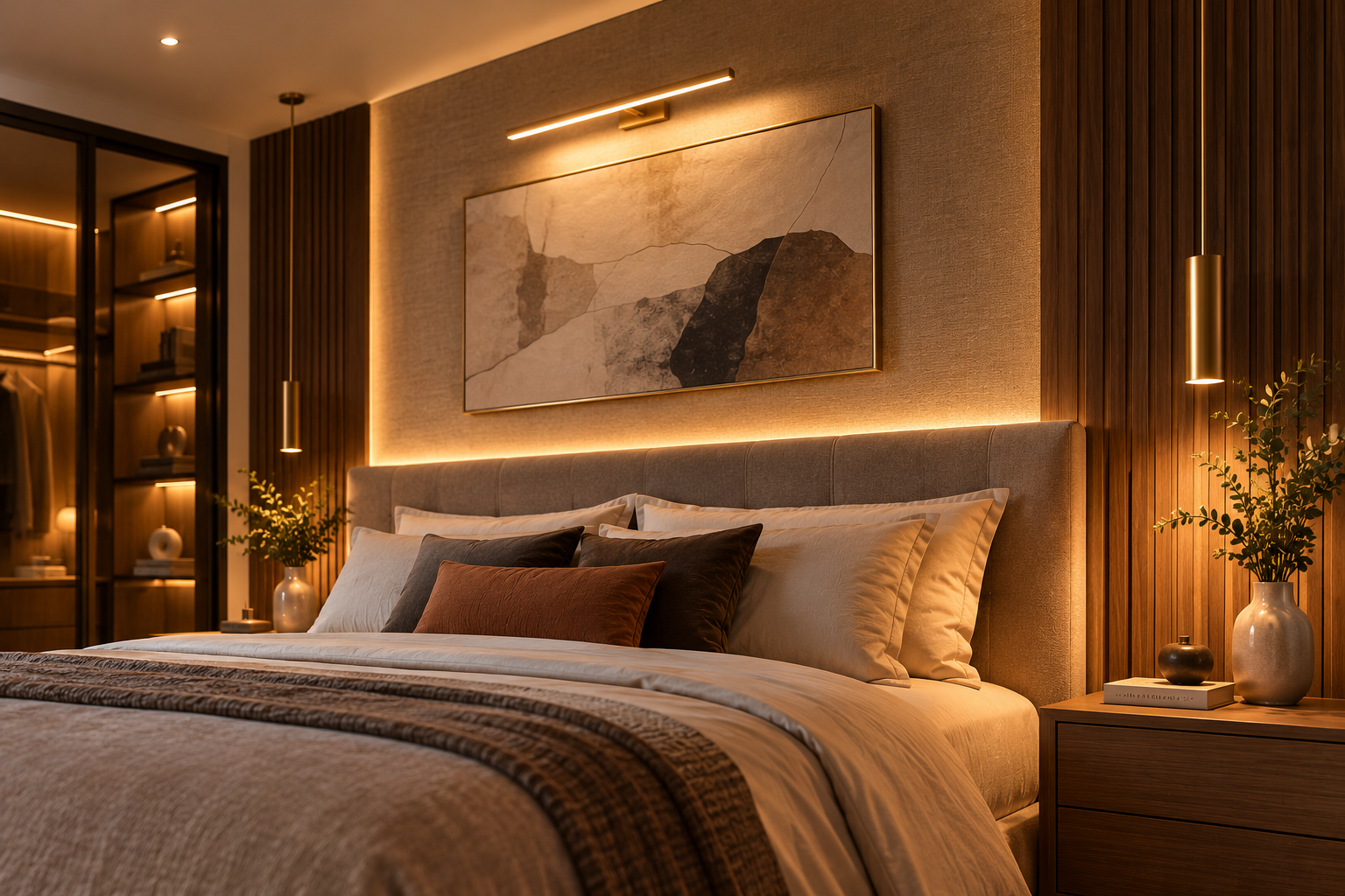 Iluminat de accent în dormitor modern, cu tablou decorativ evidențiat de o sursă de lumină și bandă LED integrată în peretele din spatele patului.