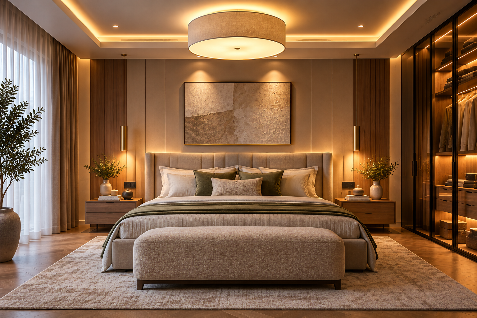 Dormitor modern cu iluminat indirect realizat prin bandă LED integrată în scafa tavanului, pentru o atmosferă caldă și relaxantă